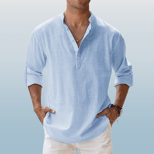 Men's Linen Blend Henley Shirt Long Sleeve Casual Regular Fit
