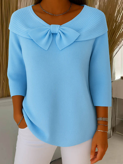 Women's Ribbed Sweater 3/4 Sleeve Bow Neck - Vonnera