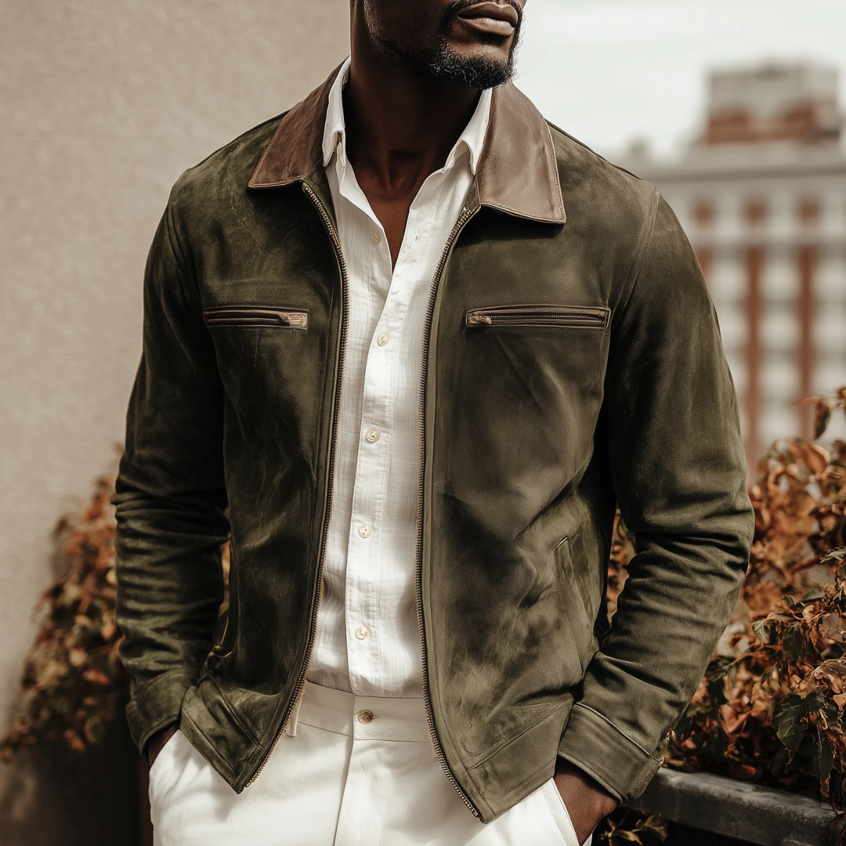 Men's Suede Jacket Dark Green Classic Style
