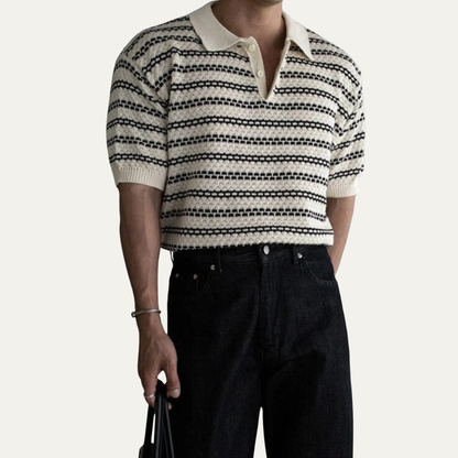 Men's Striped Polo Shirt Knit Collar Navy Blue
