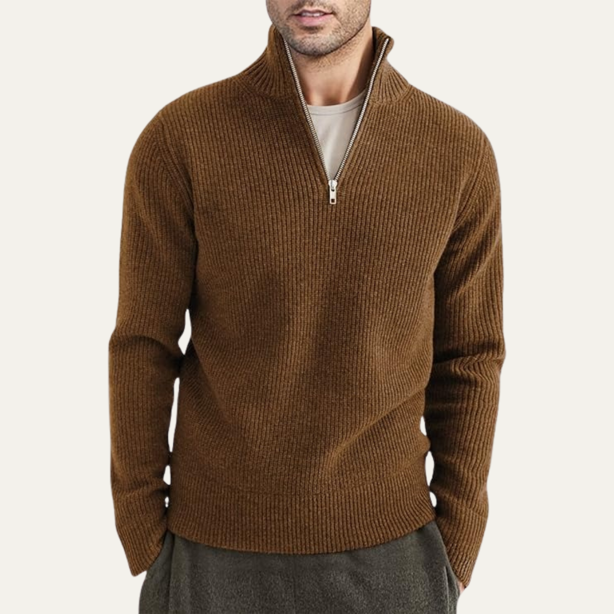 Men's Quarter Zip Sweater Ribbed Knit Casual