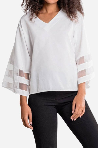 Women's V-Neck Blouse Mesh Detail Bell Sleeves - Vonnera