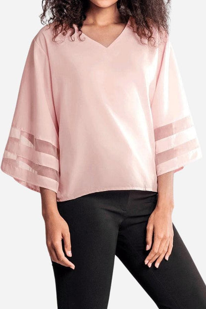 Women's V-Neck Blouse Mesh Detail Bell Sleeves