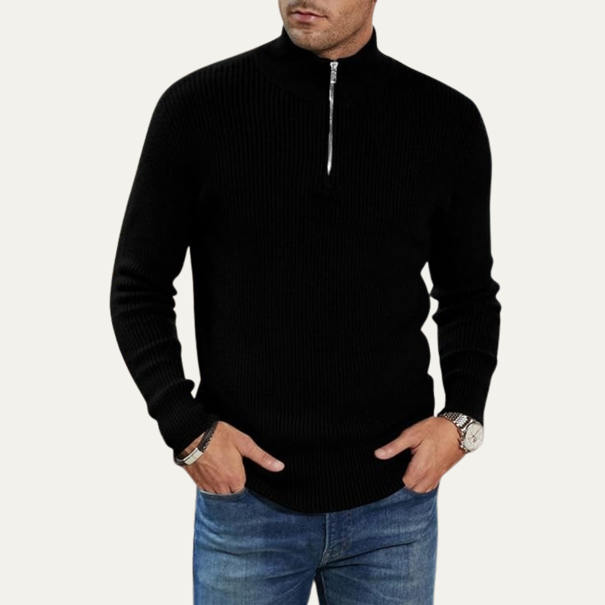 Men's Quarter Zip Sweater Ribbed Knit Casual