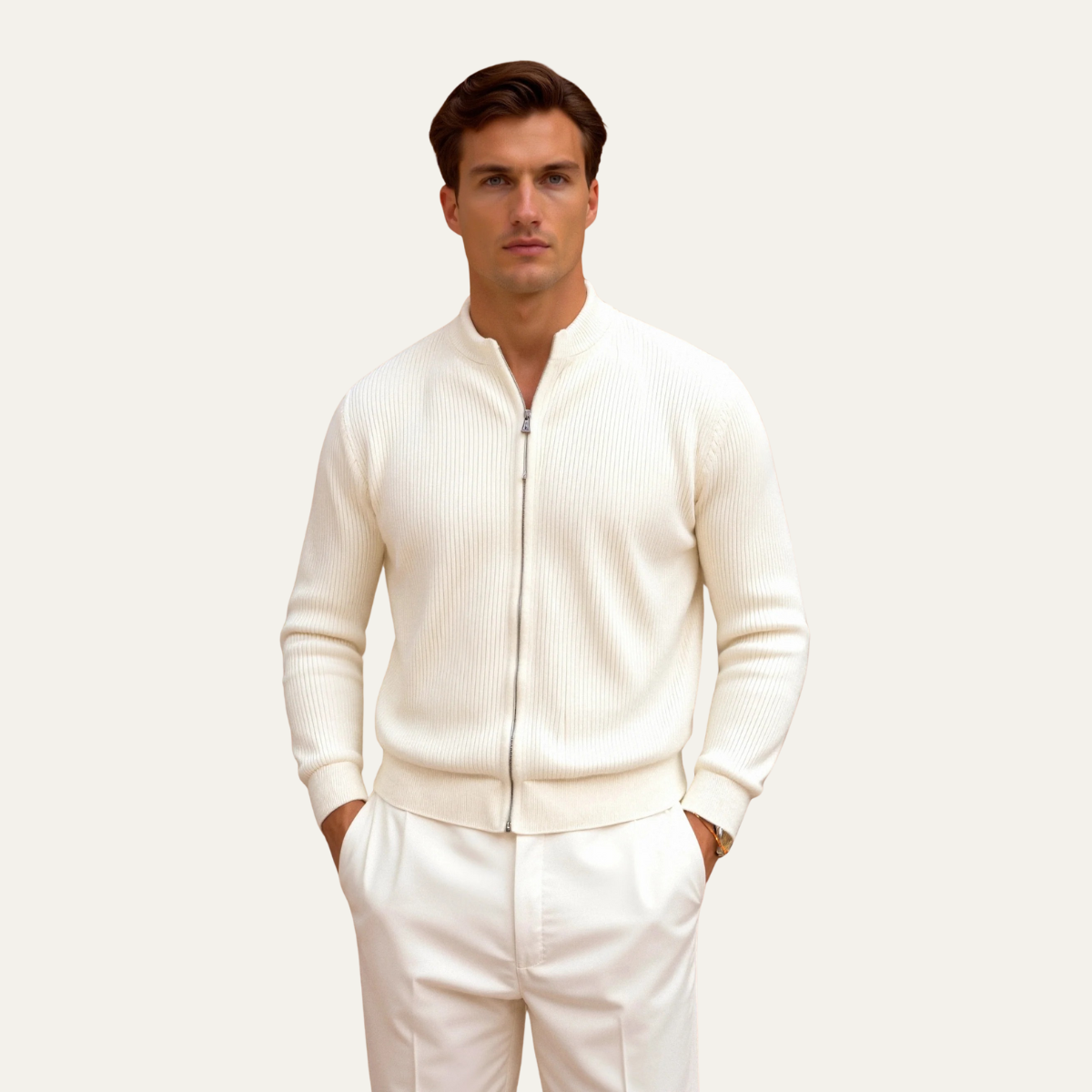 Maidstone Men's Beige Knitted Cardigan Lightweight Zip Up