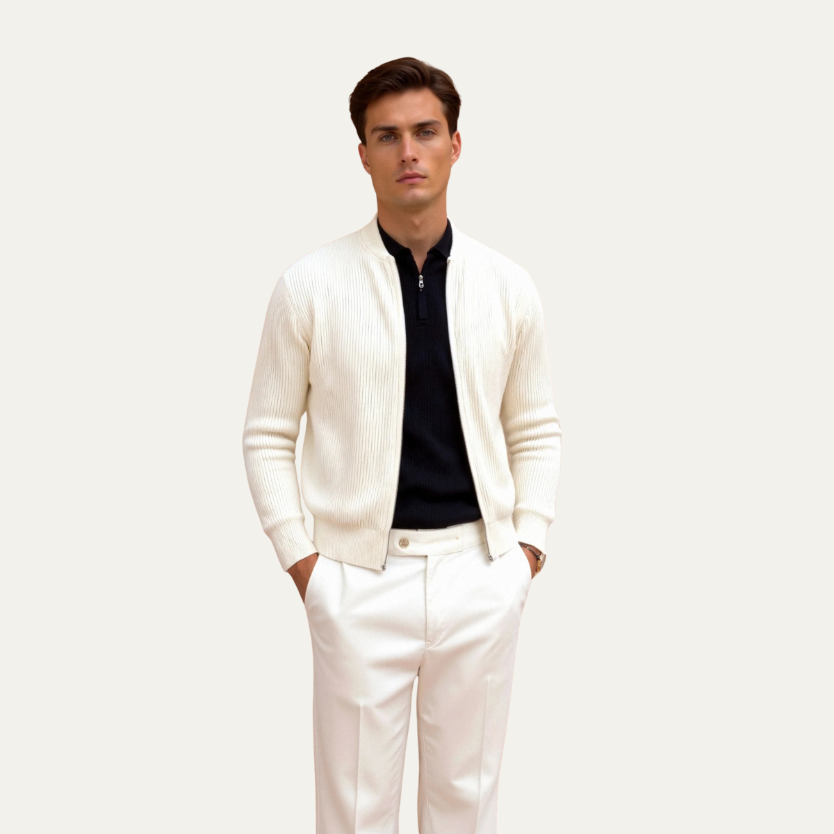 Maidstone Men's Beige Knitted Cardigan Lightweight Zip Up