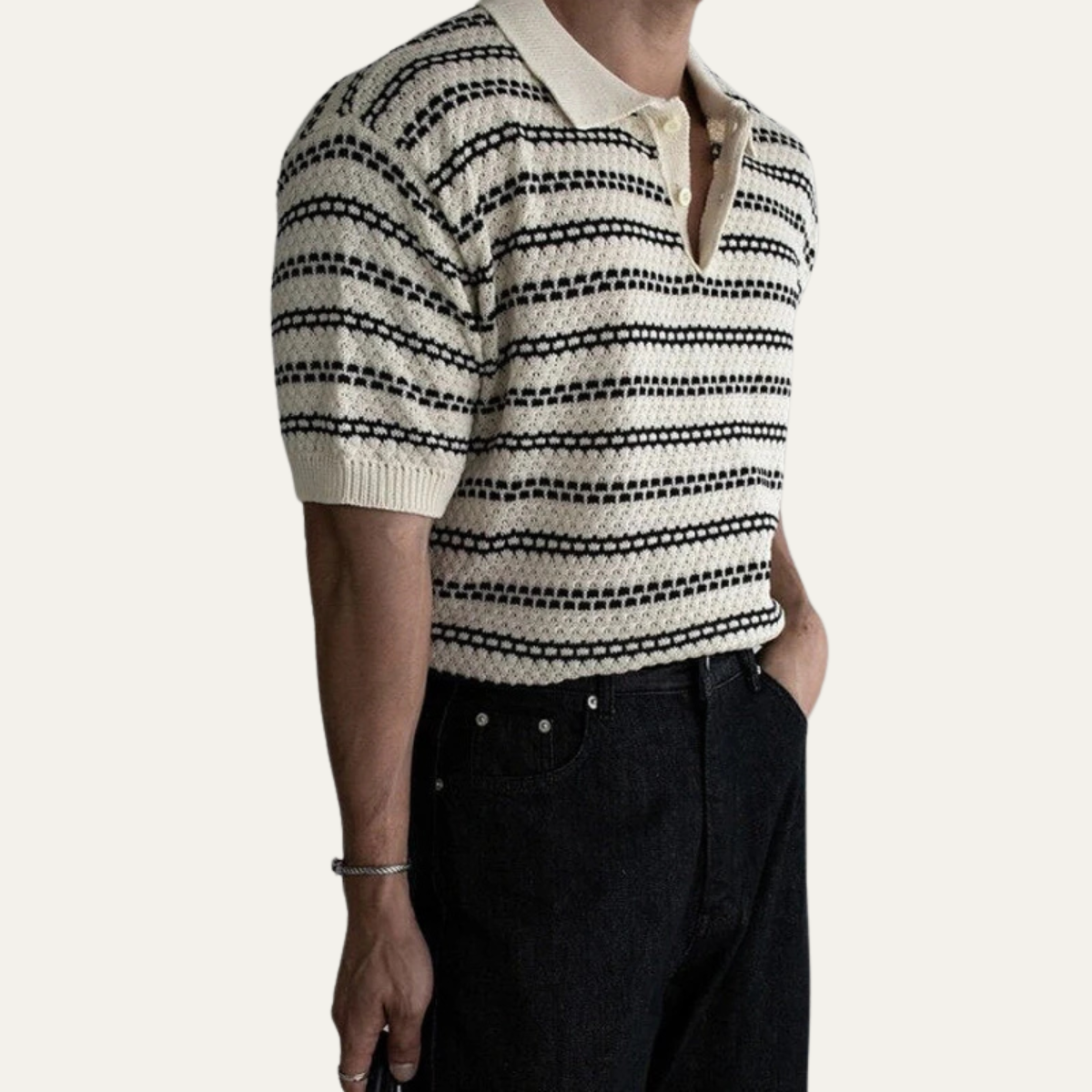 Men's Striped Polo Shirt Knit Collar Navy Blue