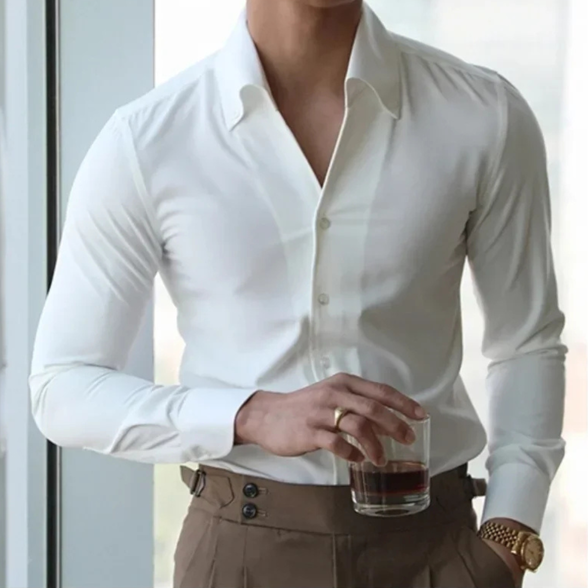 Men's Slim Fit Collar Shirt Wrinkle Casual