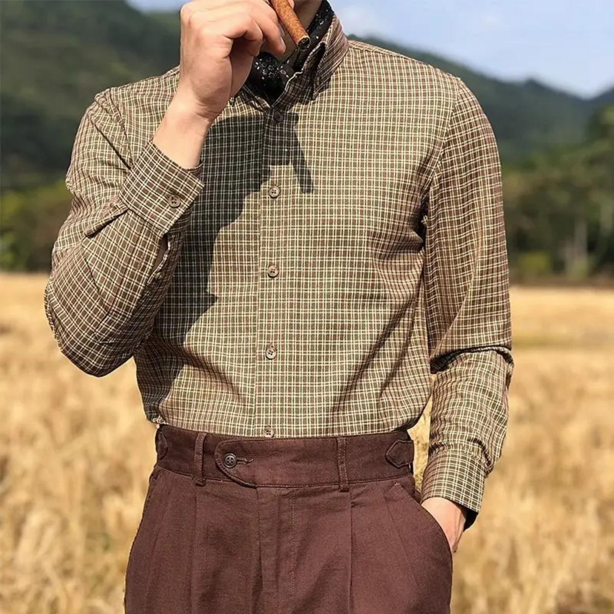 Men's Checkered Dress Shirt Vintage Style Cotton