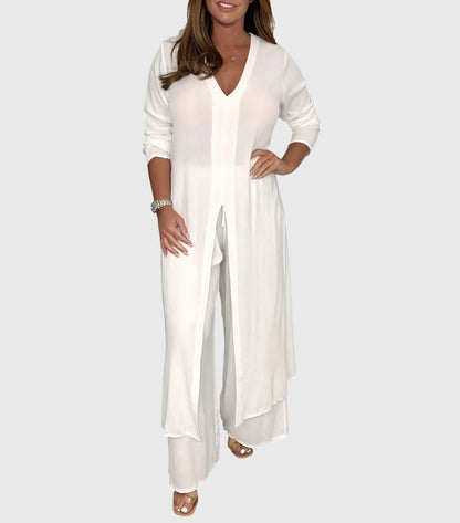 Women's Two-Piece Duster Cardigan Set Wide Leg Pants
