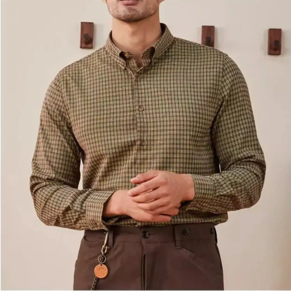 Men's Checkered Dress Shirt Vintage Style Cotton