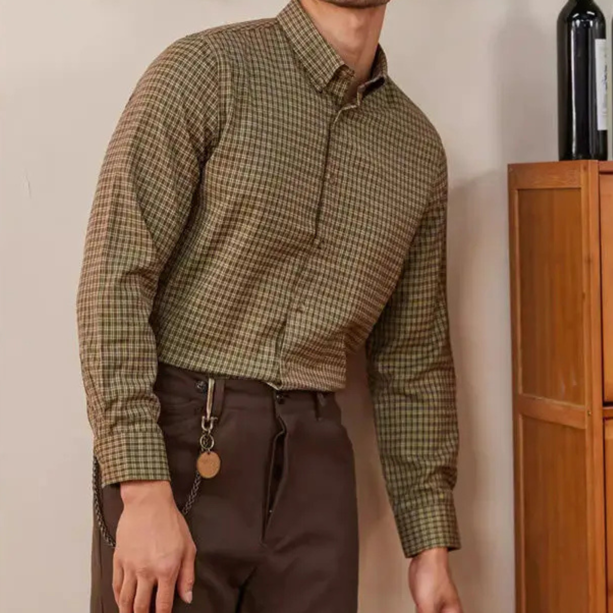 Men's Checkered Dress Shirt Vintage Style Cotton