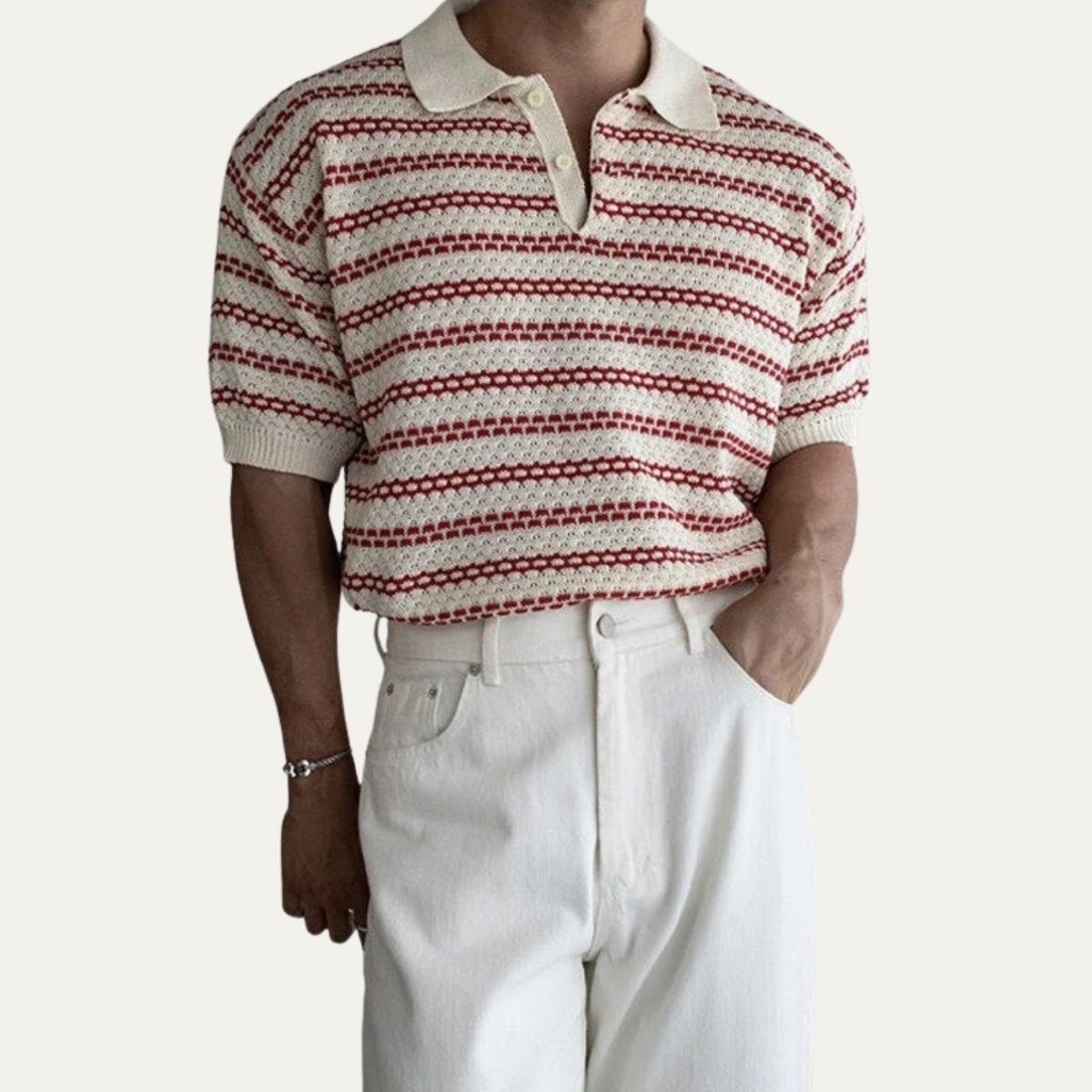 Men's Striped Polo Shirt Knit Collar Navy Blue
