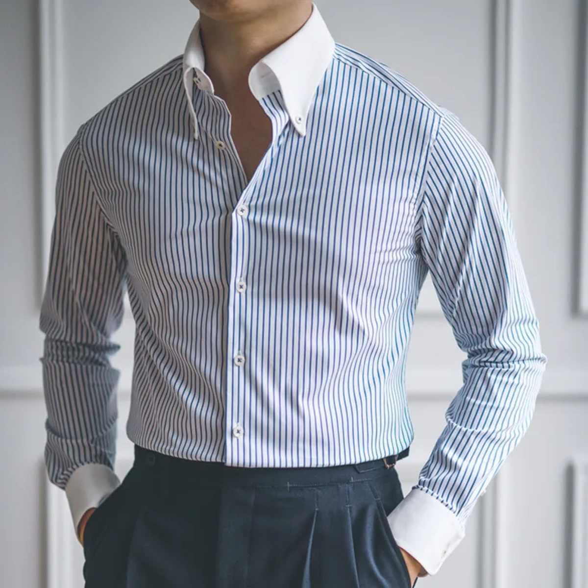 Men's Classic Dress Shirt Blue Stripe Cotton Formal