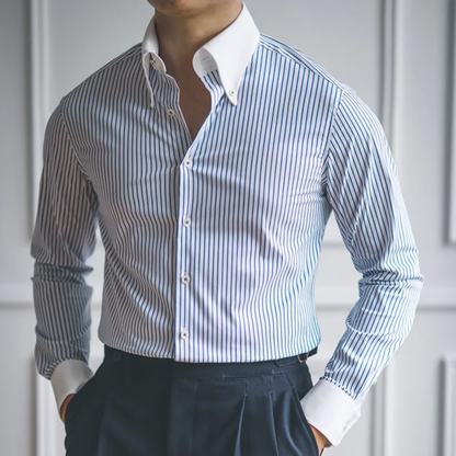 Men's Classic Dress Shirt Blue Stripe Cotton Formal