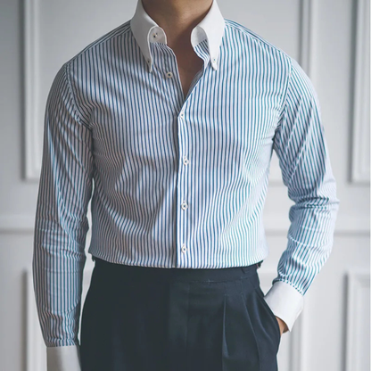 Men's Classic Dress Shirt Blue Stripe Cotton Formal