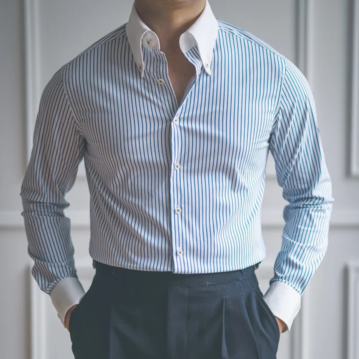 Men's Classic Dress Shirt Blue Stripe Cotton Formal