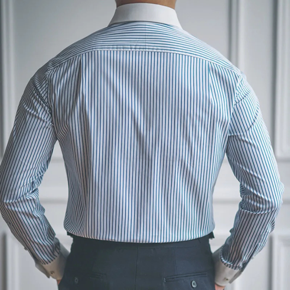 Men's Classic Dress Shirt Blue Stripe Cotton Formal