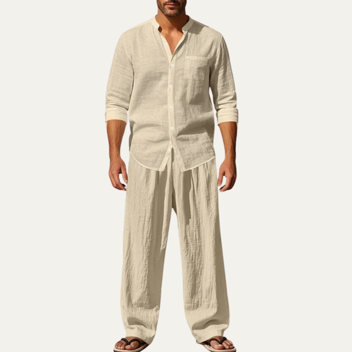 Mens Linen Two Piece Set Shirt Pants Casual