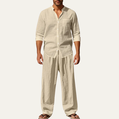 Mens Linen Two Piece Set Shirt Pants Casual