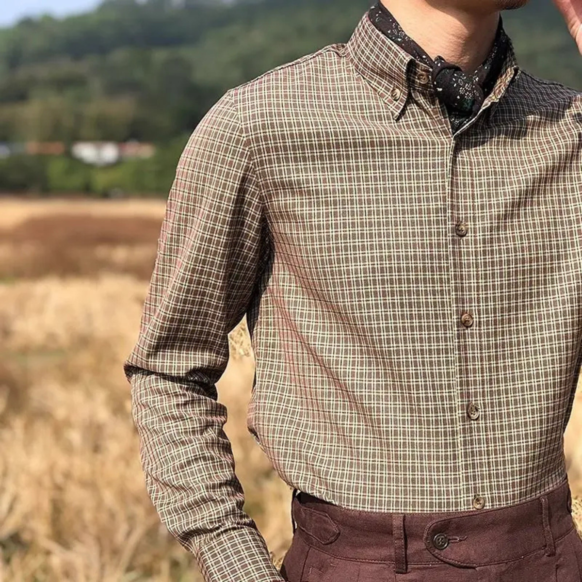 Men's Checkered Dress Shirt Vintage Style Cotton