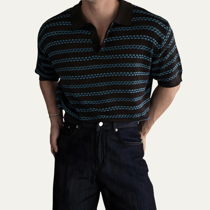 Men's Striped Polo Shirt Knit Collar Navy Blue