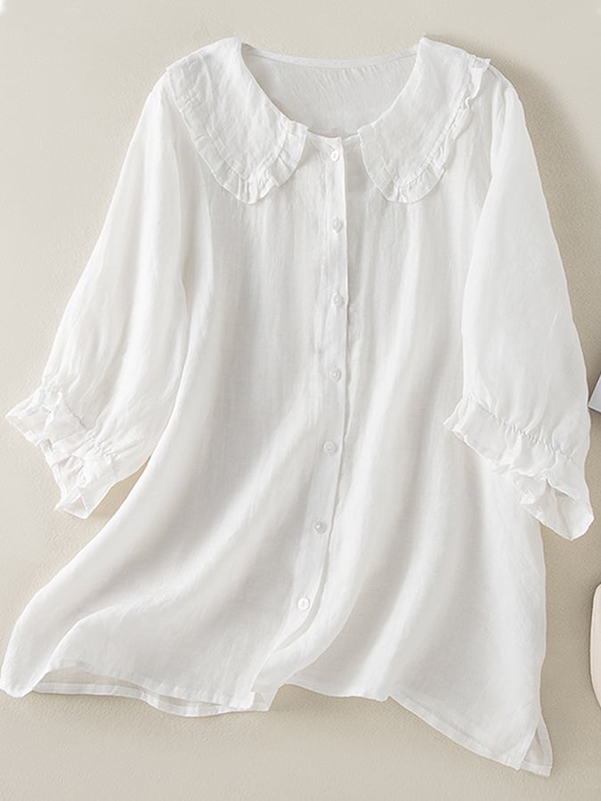Women's Linen Blend Tunic Ruffled Collar
