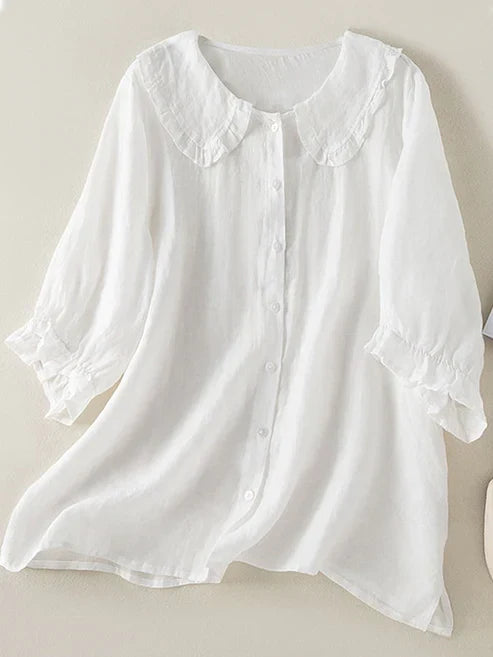 Women's Cotton Linen Blouse Ruffle Neck Relaxed Fit - Vonnera