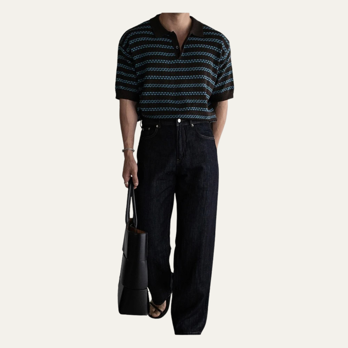 Men's Striped Polo Shirt Knit Collar Navy Blue
