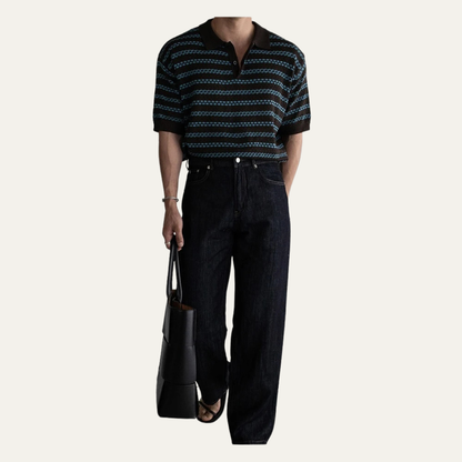 Men's Striped Polo Shirt Knit Collar Navy Blue