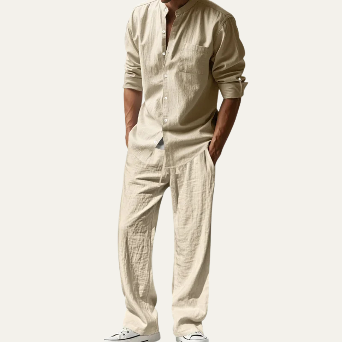 Mens Linen Two Piece Set Shirt Pants Casual