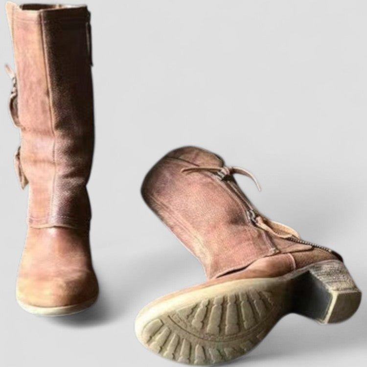 Women's Mid-Calf Cowgirl Boots Zipper Leather Brown