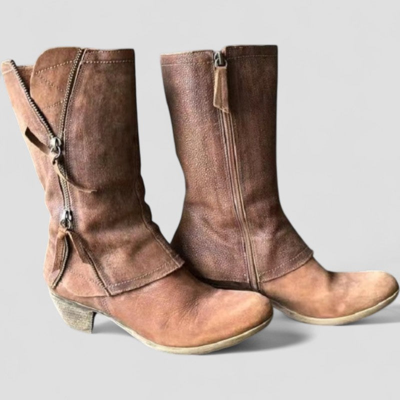 Women's Mid-Calf Cowgirl Boots Zipper Leather Brown - Vonnera