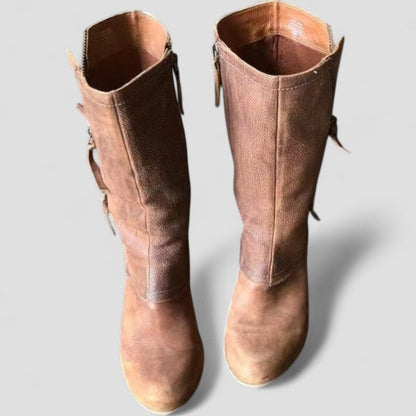 Women's Mid-Calf Cowgirl Boots Zipper Leather Brown