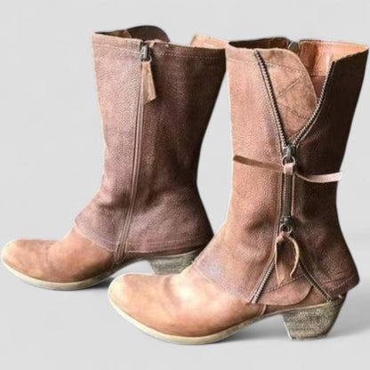 Women's Mid-Calf Cowgirl Boots Zipper Leather Brown