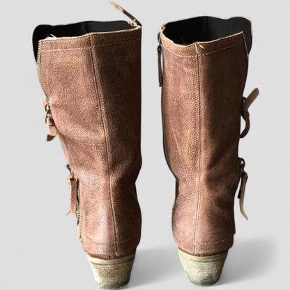Women's Mid-Calf Cowgirl Boots Zipper Leather Brown