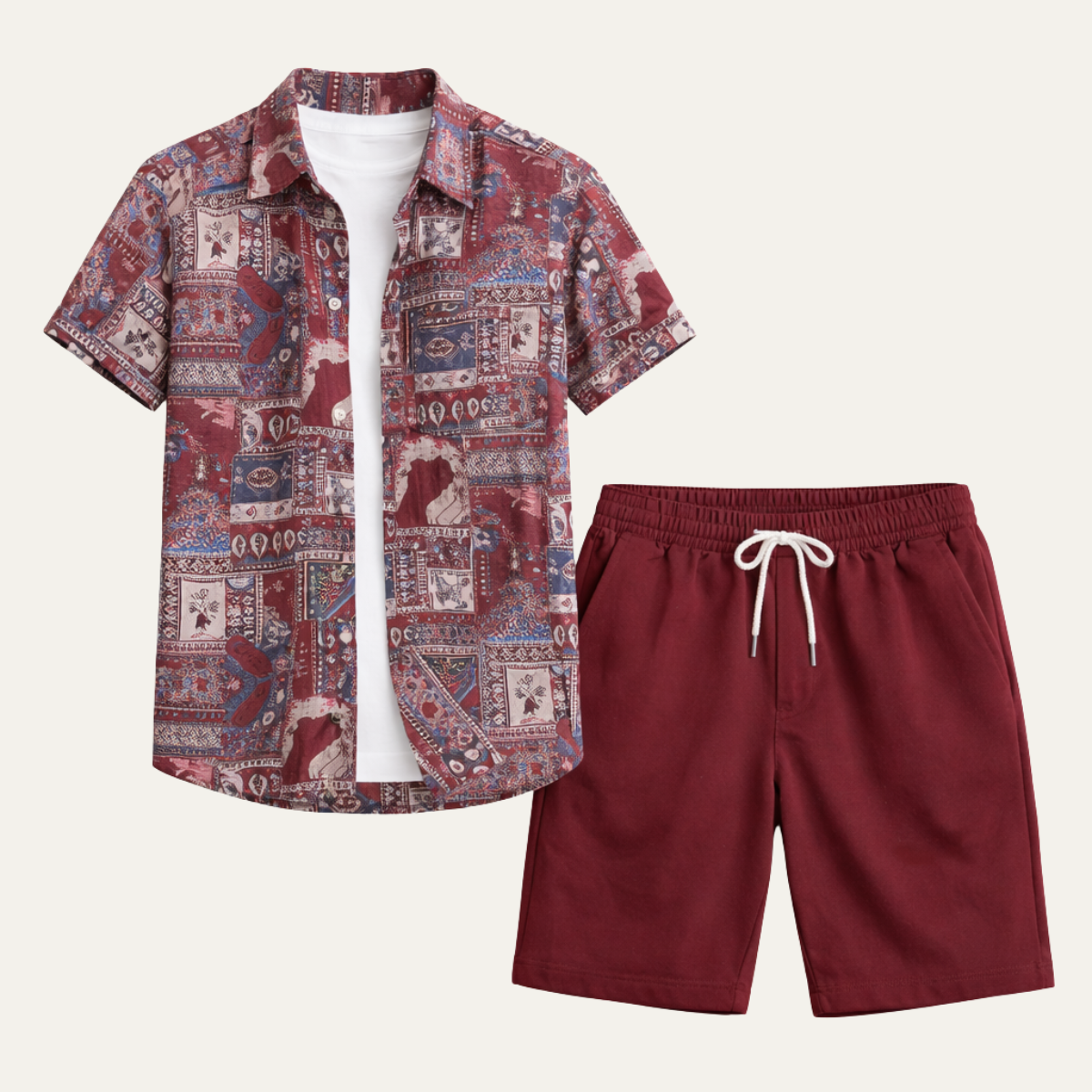 Men's Vintage Print Shirt And Shorts Set - Vonnera