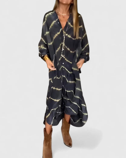 Women's Midi Shirt Dress Tie-Dye Print Cotton Button-Down