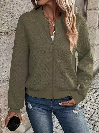 Women's Zip-Up Cardigan Textured Ribbed Long Sleeve