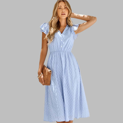 Women's V-Neck Midi Dress Flowy Ruffle