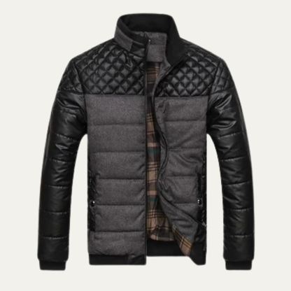 Roma Men's Leather Jacket Quilted Stand Collar
