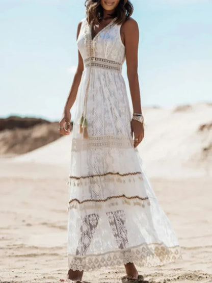 Women's Bohemian Maxi Dress Lace Flared Sleeves