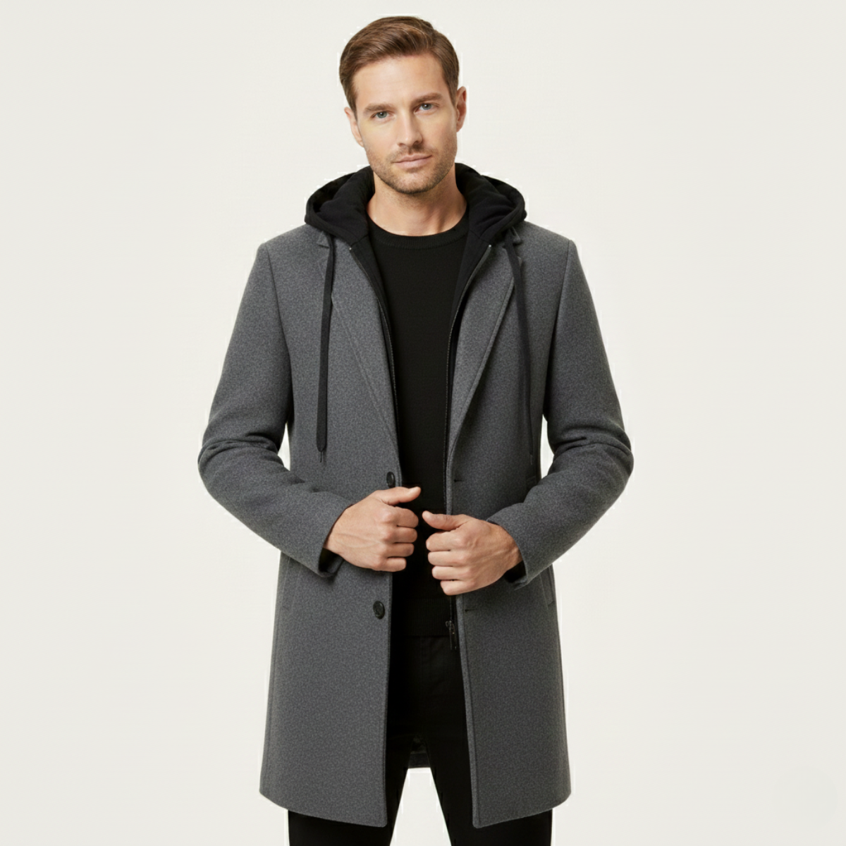 Men's Wool Overcoat Quilted Lining Hooded