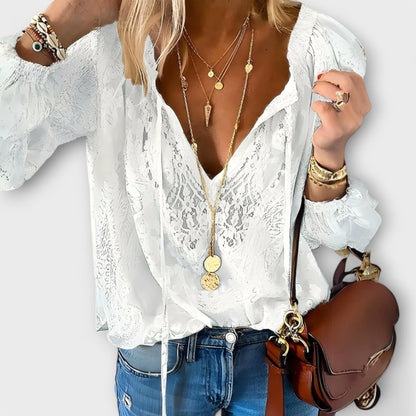 Women's Lace V-Neck Long Sleeve Blouse - Vonnera