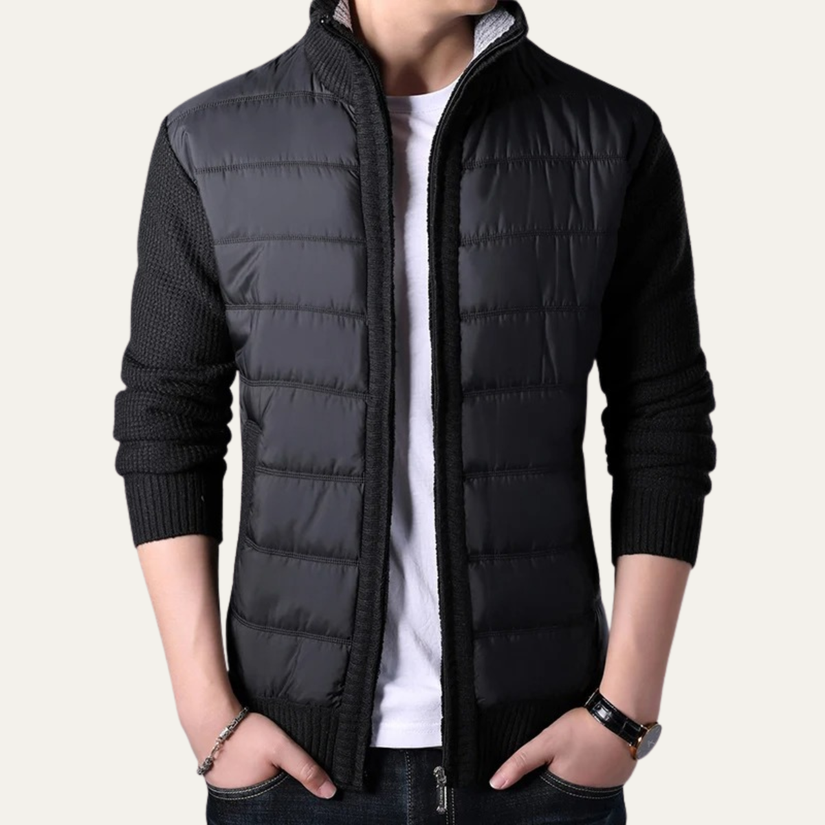 Men's Puffer Jacket Zip Up Knit Sleeve Winter Black