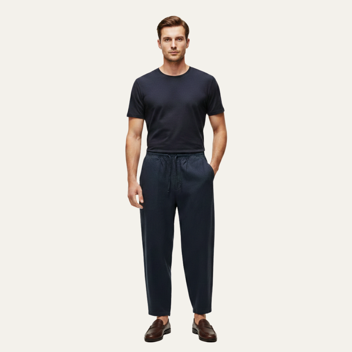 Mens Cotton Linen Drawstring Pants Loose Fit Beige
