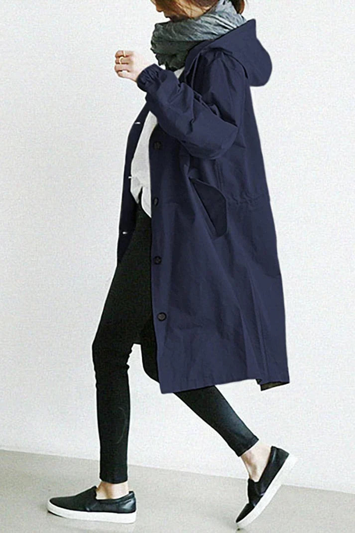Women's Hooded Trench Coat Waterproof Cotton Long