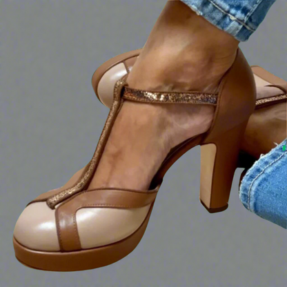 Women's T-Strap Block Heels Rounded Toe