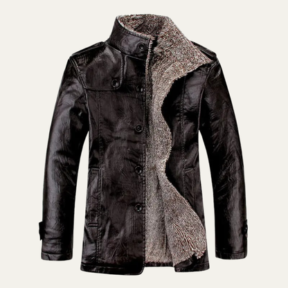 Men's Leather Fleece Lined Jacket Warm Stand Collar