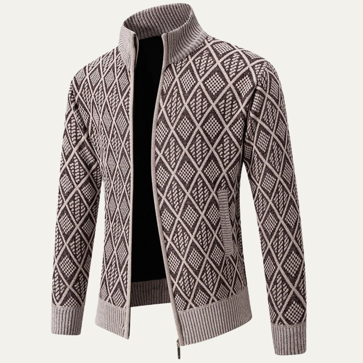 Men's Knit Diamond Zip Jacket with Stand Collar